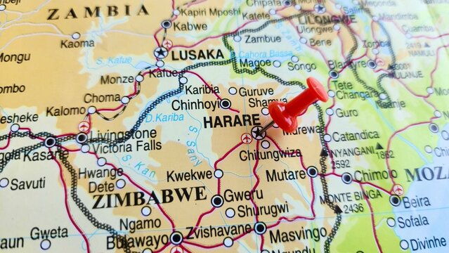 View of Harare, formerly Salisbury, is the capital and largest city of Zimbabwe, on a geographical map of Africa, marked with red push pin