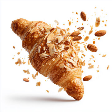 Almond flakes falling over a fresh croissant