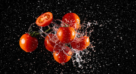 Tomato Splash: A vibrant display of fresh, juicy tomatoes, captured mid-splash against a dark backdrop, highlighting their vibrant color and refreshing essence.