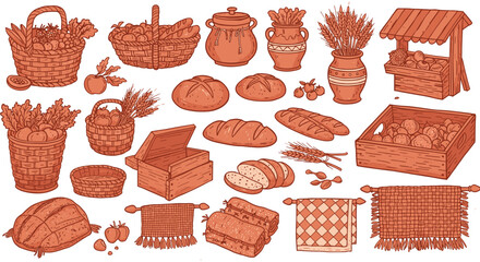 Rustic bread and produce collection vector illustration for culinary design