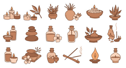Relaxing spa elements vector illustration: aromatherapy candles, essential oils, incense for wellness design