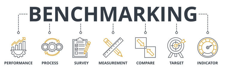 Benchmarking web banner icons Vector illustration concept of with keywords business development, improvement with an icon of idea performance, process, survey, measurement, compare, target, indicator