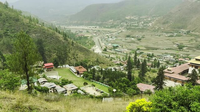 Majestic bird eye view of Hilly town valley of Bhutan