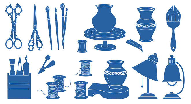 Creative art and craft tools vector illustration - pottery and painting supplies in flat style for design projects