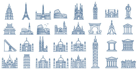 Famous landmarks line vector illustration for travel and architecture design