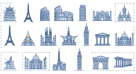 Famous landmarks collection line vector illustration for travel and tourism design