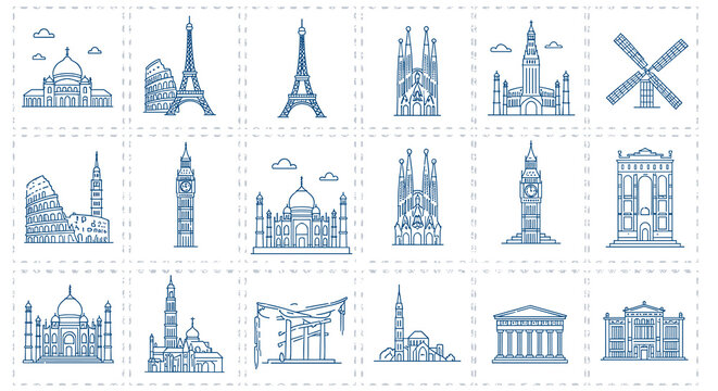 Iconic world landmarks line art vector illustration - eiffel tower, colosseum, big ben, and more for design and decoration
