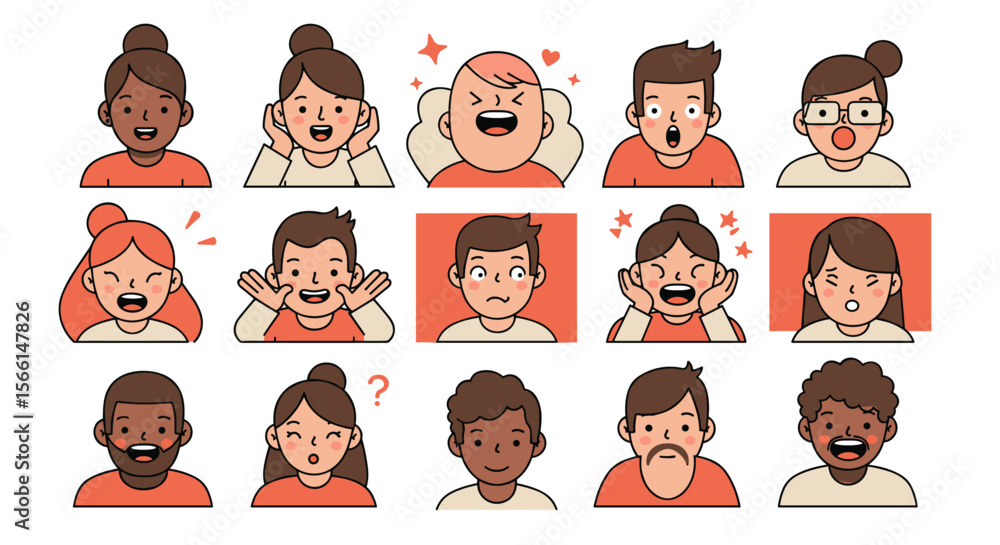 Poster diverse expression set vector illustration for character design and emotion recognition in flat styl