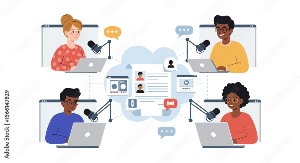 Poster online podcast recording session vector illustration with diverse hosts in virtual meeting setting