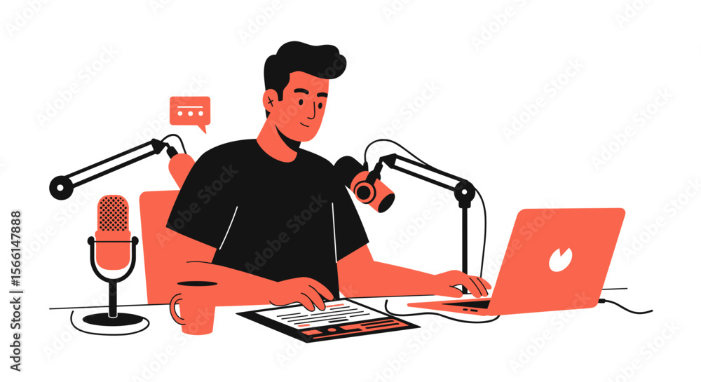 Aufkleber podcast host working at desk with microphone in studio - vector illustration for design, poster, or 