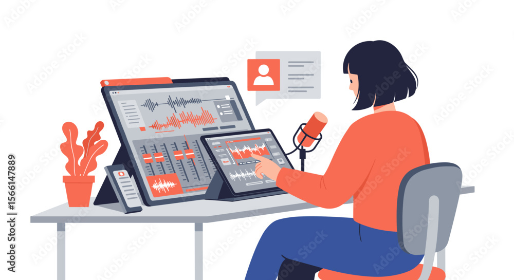 Aufkleber podcast recording setup vector illustration with microphone and sound editing tools
