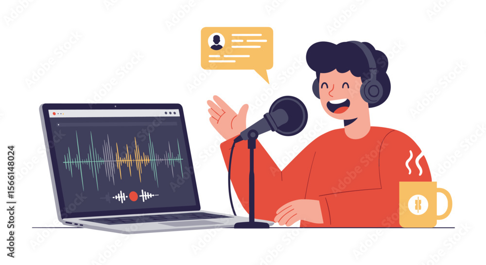 Poster podcasting session vector illustration with host in studio for digital media design