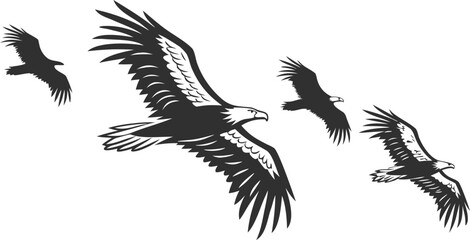 Vector art of four majestic eagles soar gracefully through the sky, their wings outstretched in a breathtaking display.