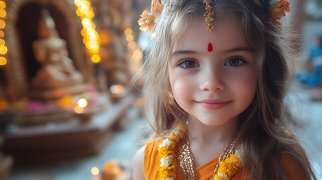 Girl pretending to take selfie with mini temple prop in background playful pose cinematic lighting 