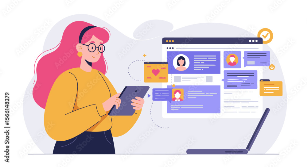 Poster online communication and user profile management vector illustration in modern flat style for web de