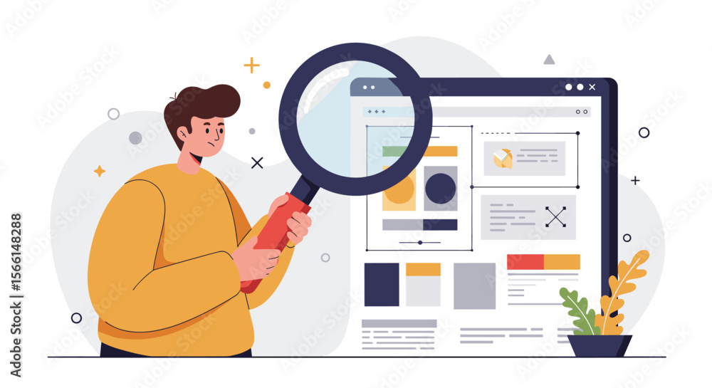 Poster website design exploration vector illustration with magnifying glass and user interface elements