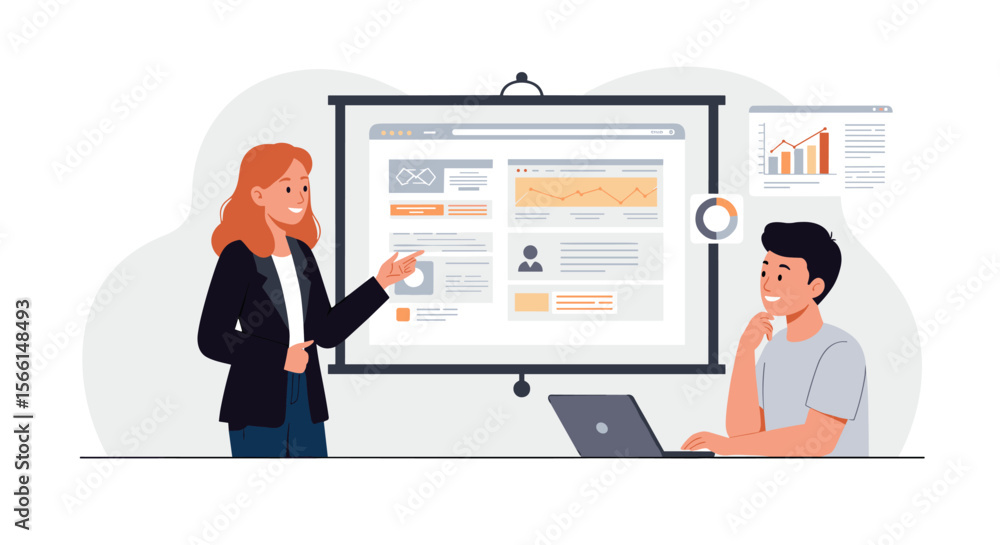 Aufkleber business presentation vector illustration with data analysis and teamwork themes