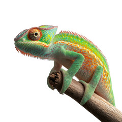 Detailed close up of a vibrant green and orange chameleon perched on a branch isolated on transparent background
