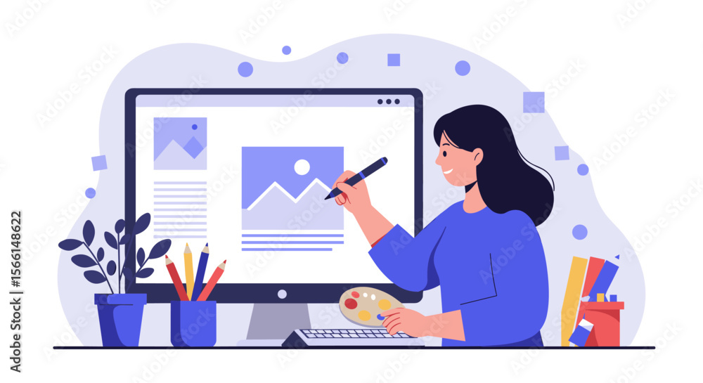 Poster creative design process with digital tools and art elements for web development in flat vector illus