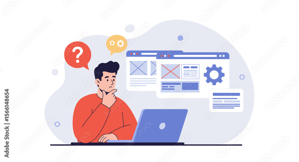 Poster conceptual vector illustration of a man thinking with a laptop for web design and development