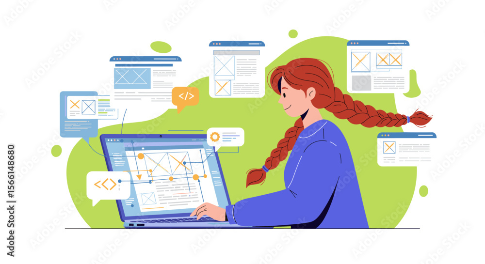 Poster web development concept with woman at laptop creating website design - vector illustration for learn