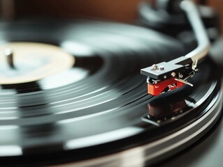 A vinyl record spins on a turntable, showcasing the stylus as it glides over the grooves. The warm ambiance of the room creates a nostalgic atmosphere for music lovers.