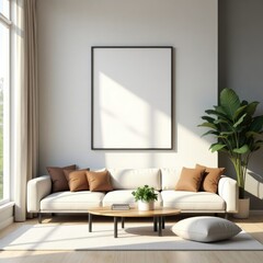 Modern living room interior design yellow sofa blank frame mockup bright home decor template rendering