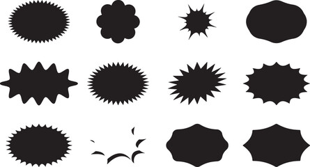 Explosion Icon Set – Black Burst, Pop, Comic Style, Shape, Bang, Graphic, Shock, Bubble, Silhouette

