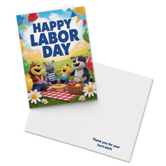 Happy labor day greeting card with cartoon animals having a picnic celebration