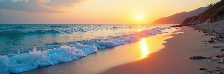 Serene Sunrise Coastal Scene Calm Ocean Waves Gently Lap Sandy Shore Under a Clear Blue Sky, Perfect for Travel, Vacation, and Relaxation Themes