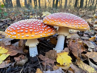 Fototapeta premium Two vibrant mushrooms with red caps and white speckles stand amidst fallen leaves in a serene forest during autumn. The golden foliage creates a beautiful backdrop for this vivid display of nature.