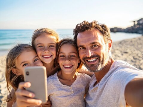 A father and three smiling daughters gather on a sandy beach, capturing a joyful moment together with a smartphone. The sun shines brightly over the calm sea in the background.