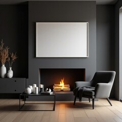 Modern living room interior design with fireplace armchair and blank frame mockup template scene render