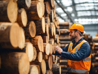 Worker examines timber logs in a storage facility during daylight