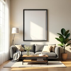 Interior design living room mockup blank frame sofa plant modern home decor template background render