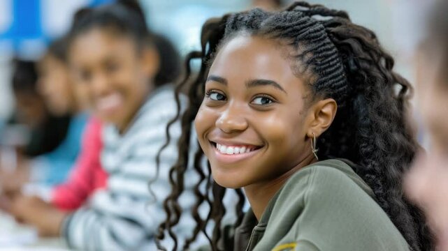 A happy young girl sits at a table with a warm smile, suitable for any family or kid-related concept