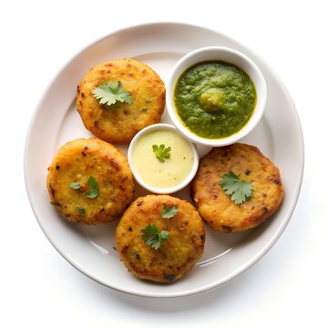 Golden Aloo Tikki with Spicy Chutneys in a white plate top down view