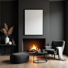 Modern living room interior design with fireplace and blank frame mockup for artwork display ideas