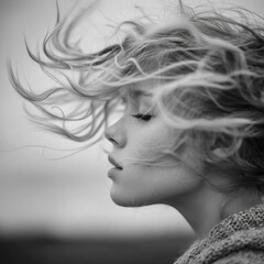 Fototapeta premium Woman with Windblown Hair in Monochrome Portrait