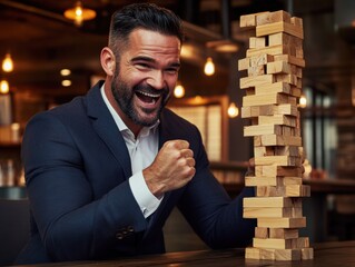 A man in a suit celebrates joyfully as he plays Jenga, triumphantly raising his fist beside a towering stack of wooden blocks in a warm, inviting atmosphere.