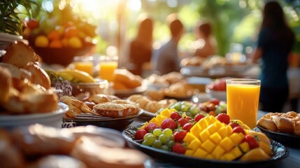 A vibrant breakfast spread with fresh fruit, pastries, and a glass of orange juice set on a table, with people socializing in the background.