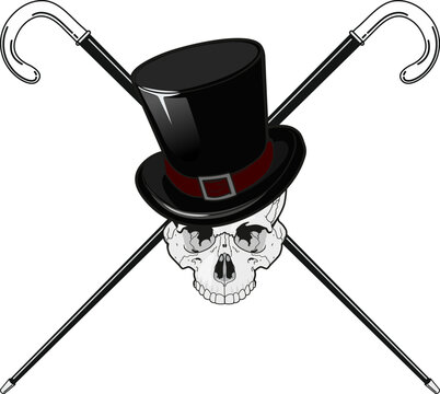 skull in old fashioned top hat with crossed walking sticks isolated on white background