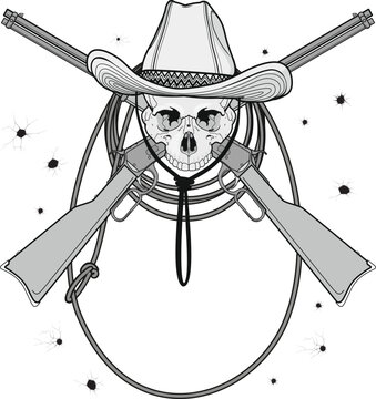 skull in cowboy hat with crossed rifles isolated on white background