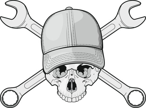 skull of plumber mechanic with crossed wrenches in cap isolated on white background