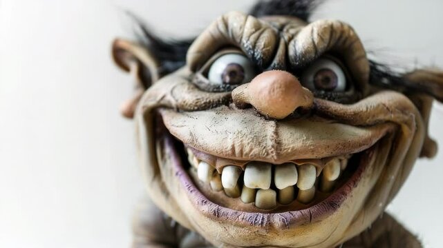 Close-up view of a troll doll's face with visible teeth