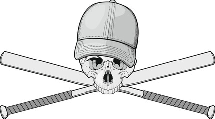 skull with crossed baseball bats and in cap isolated on white background