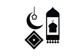 Fototapeta premium Elegant Black and White Ramadan Icons: Crescent Moon, Star, Lantern, and Islamic Prayer Mat Design – Minimalist, Festive, and Symbolic Illustration for Holiday Greetings and Celebrations.