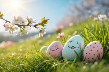 Happy easter eggs in spring meadow with blossoms
