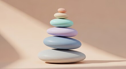 Obraz premium Softly colored smooth stones stacked in perfect balance with gentle light
