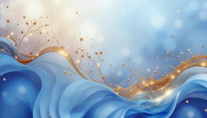Elegant blue wave background with golden accents and delicate floral patterns